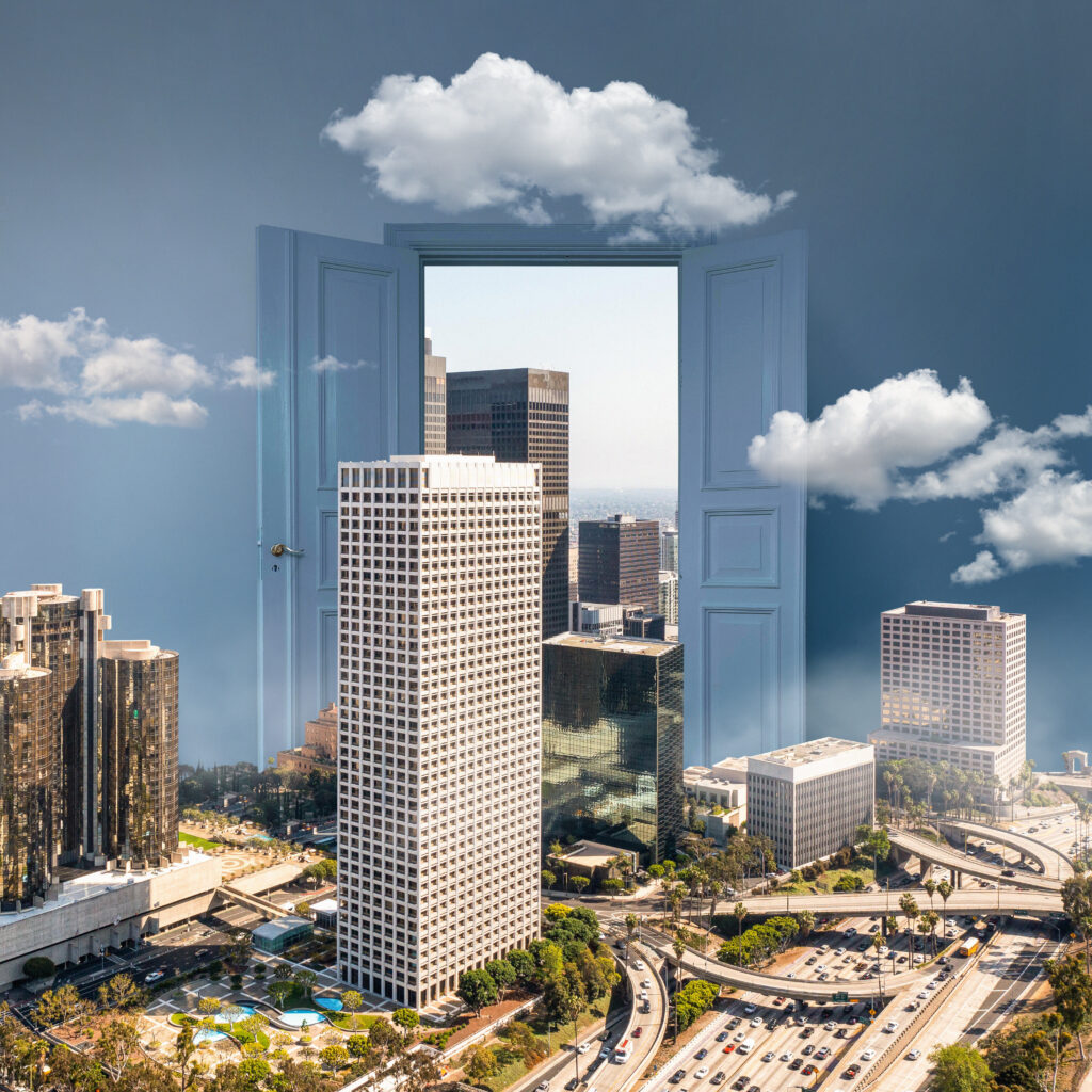 door opening revealing beautiful city